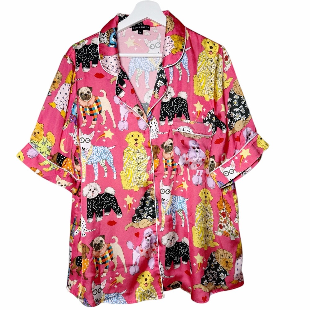 KAREN MABON Fashion Dogs Pink Satin Pajama Set Short Sleeve PJs Size Medium - Picture 2 of 10